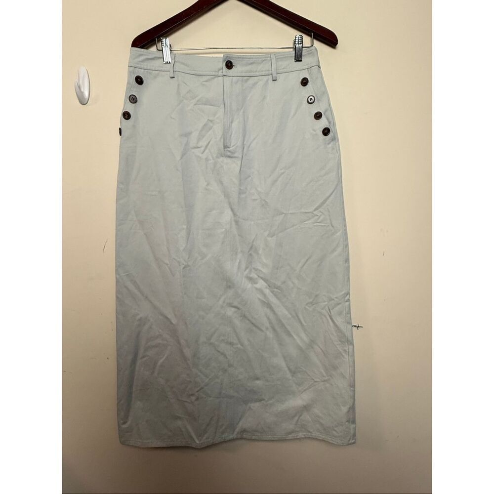 Tweeds Button Zip Midi Pencil Skirt Light Blue Cotton XL Modest Office wear